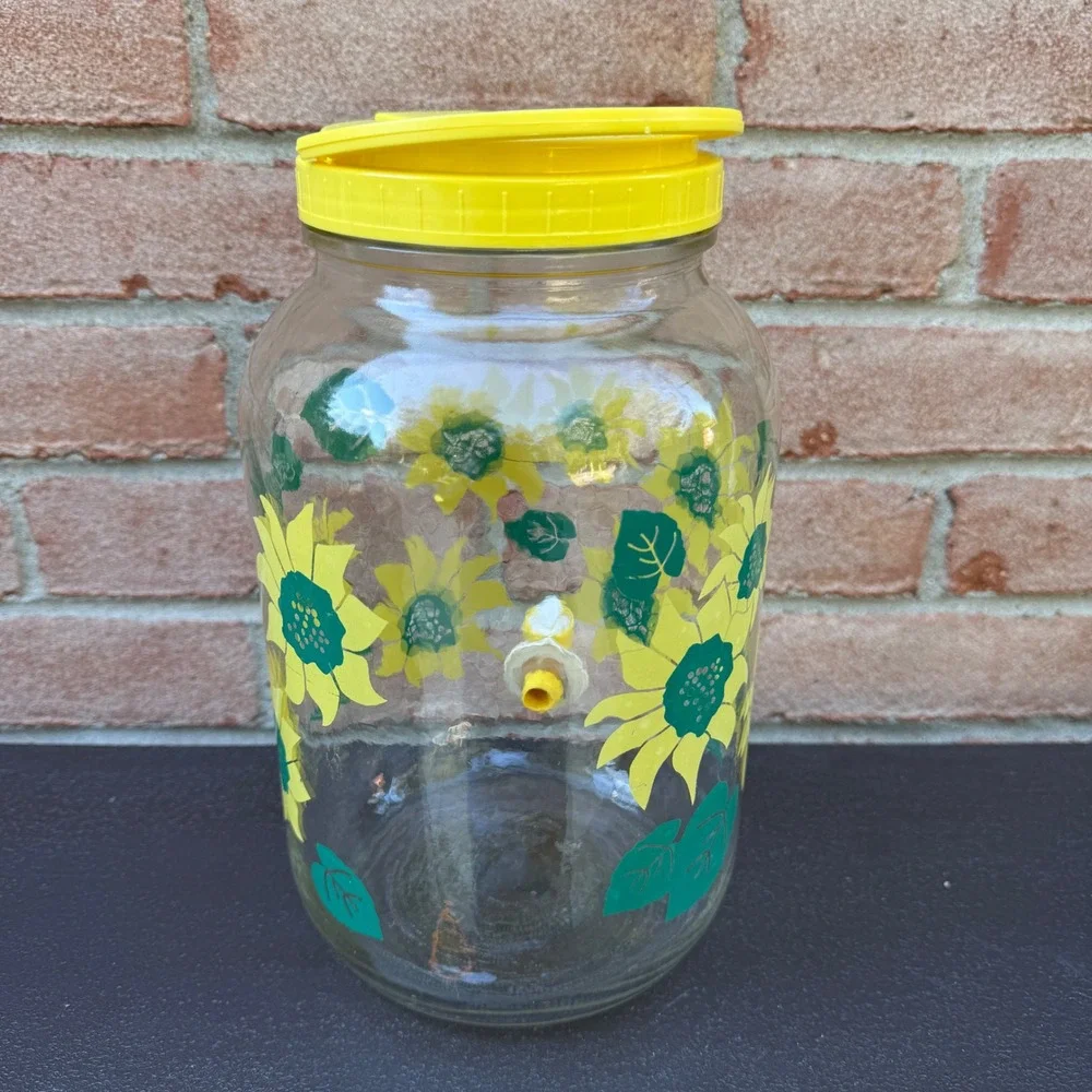 Vintage 80s Sunflower 1 Gallon Glass Sun Tea Jar Drink Dispenser Yellow